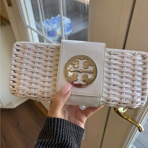 Tory Burch White Woven Clutch with Logo Medallion